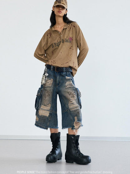 Peoplesense Deconstructed Washed Ripped Cropped Denim Trousers