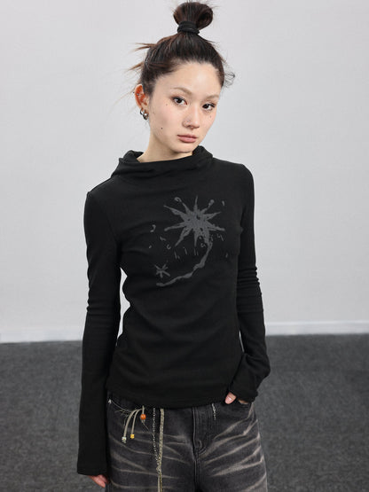 Achihara Hooded Star Print Thermal Long Sleeve T Shirt