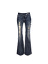 Flowers birds Market Vintage Raw Denim Flared Jeans with Distressed Detailing and Glitter