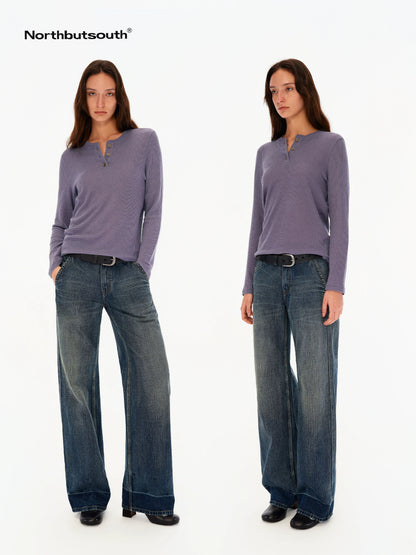 Deep Blue Washed Whisker Slanted Pockets Women&