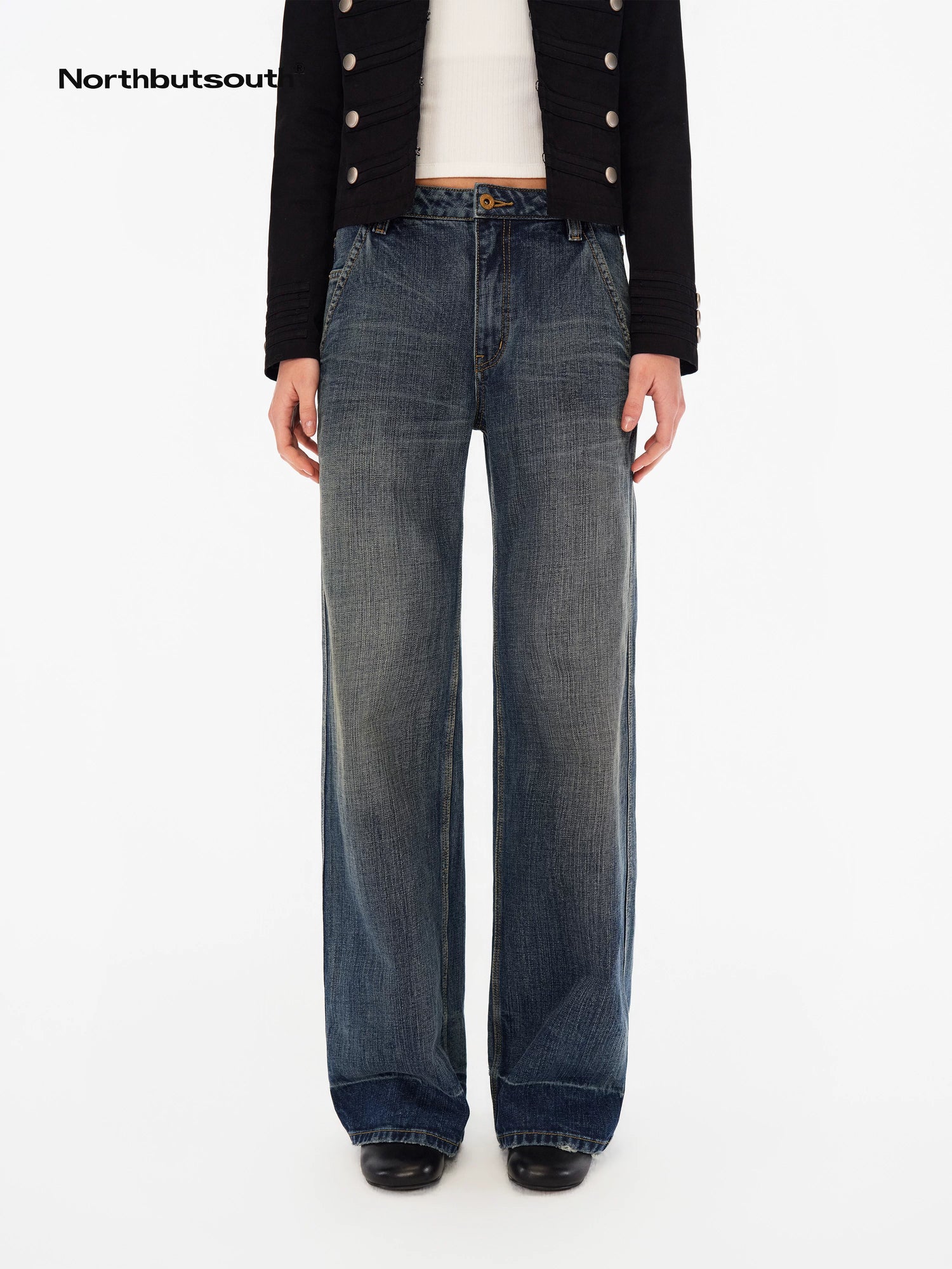 Deep Blue Washed Whisker Slanted Pockets Women&