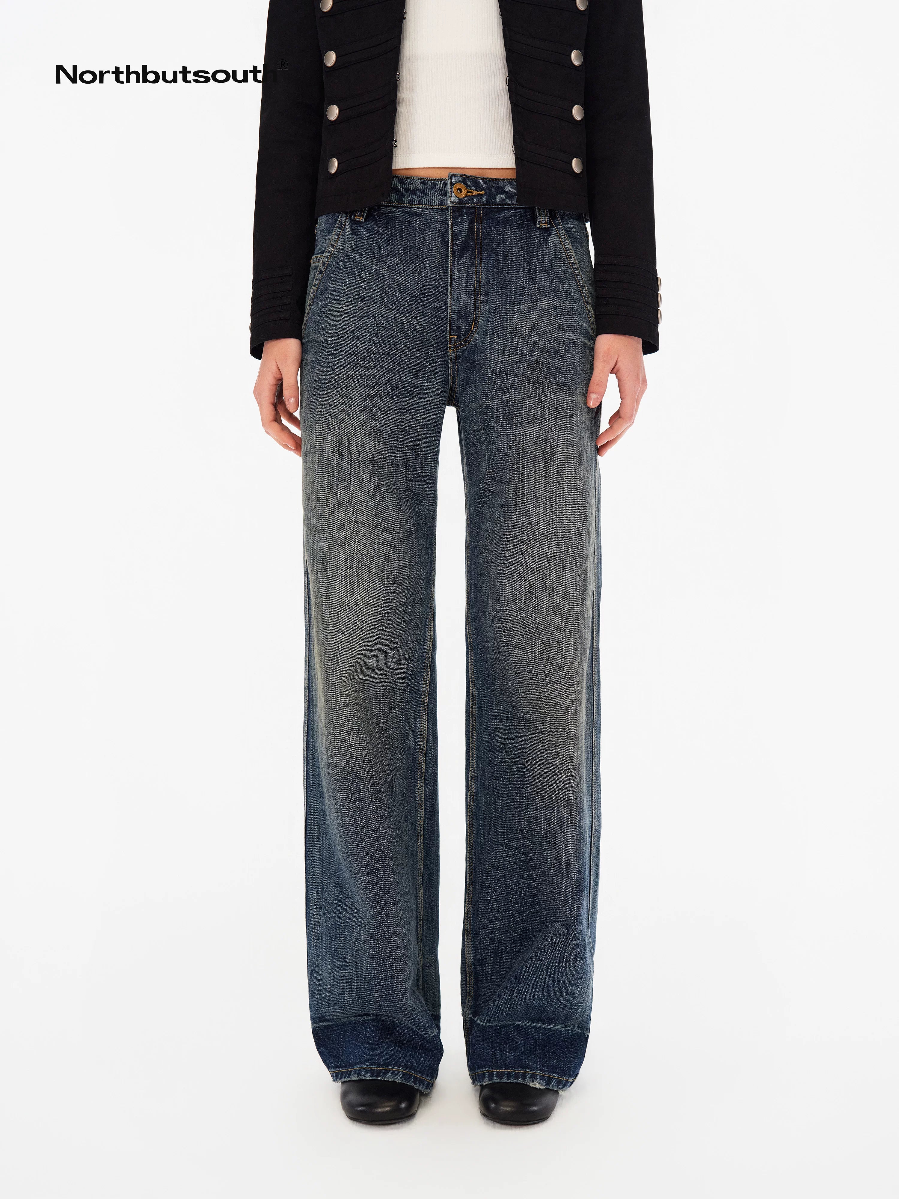Deep Blue Washed Whisker Slanted Pockets Women&