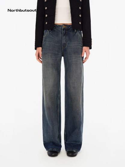 Deep Blue Washed Whisker Slanted Pockets Women&