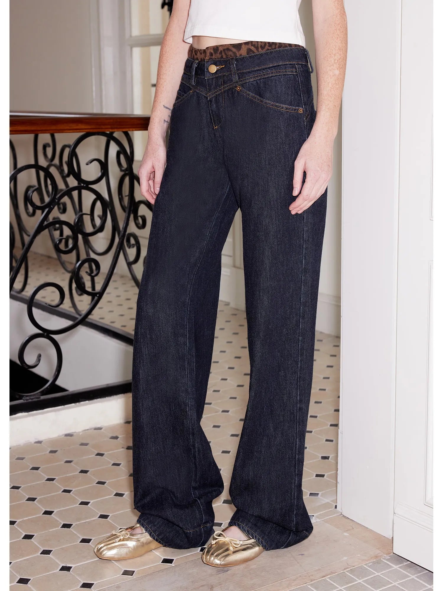 Flared Patchwork Leopard Check Lace Trim Denim With Detachable Skirt