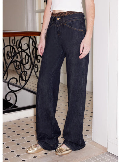 Flared Patchwork Leopard Check Lace Trim Denim With Detachable Skirt