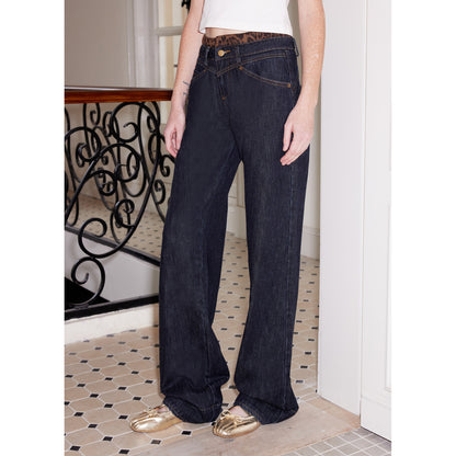 2th Desire Flared Patchwork Leopard Check Lace Trim Denim With Detachable Skirt