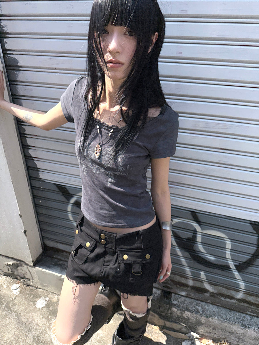 Updateang project Vintage Floral Lace Collar Stretch Slim Tee