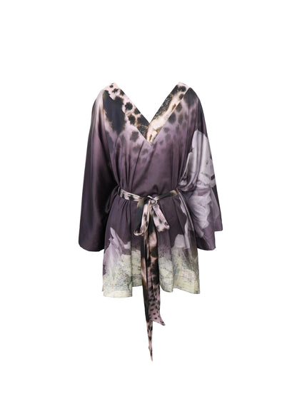 Deep Purple Leopard Gradient Satin V Neck Long Sleeve T Shirt Loungewear Set