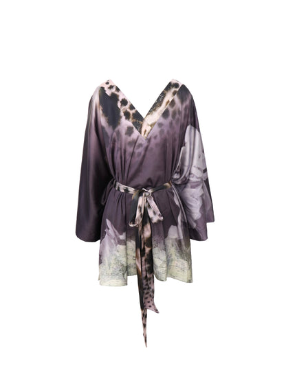 Flowers birds Market Deep Purple Leopard Gradient Satin V Neck Long Sleeve T Shirt Loungewear Set