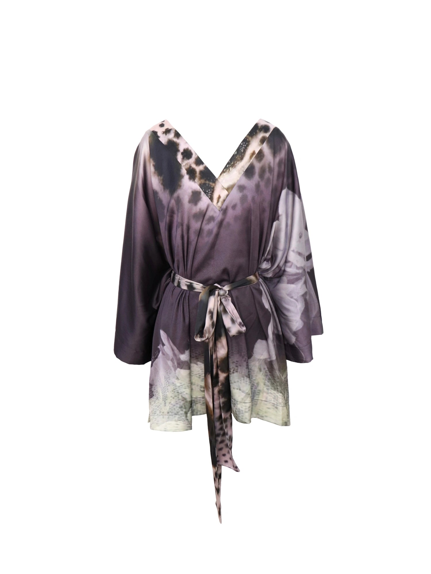 Deep Purple Leopard Gradient Satin V Neck Long Sleeve T Shirt Loungewear Set