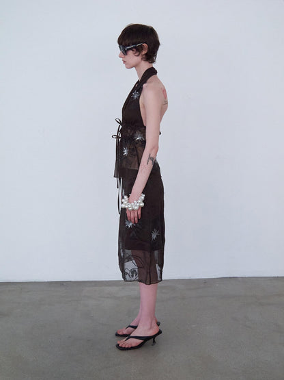 Delivery 3d Embroidered Sequin Floral Backless Women&