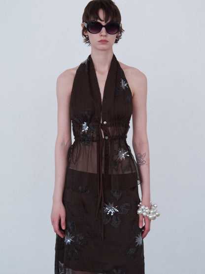 Delivery 3d Embroidered Sequin Floral Backless Women&