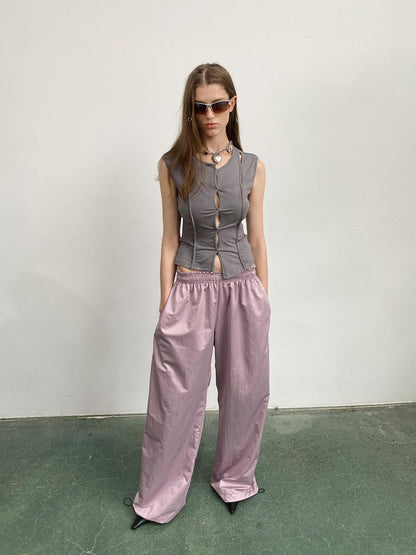 Delivery Asymmetric Hem Gray Scoop Neck Cutout Sleeveless Tee