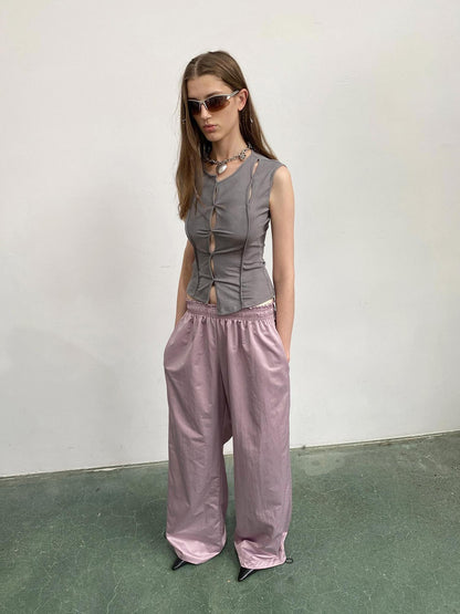 Delivery Asymmetric Hem Gray Scoop Neck Cutout Sleeveless Tee
