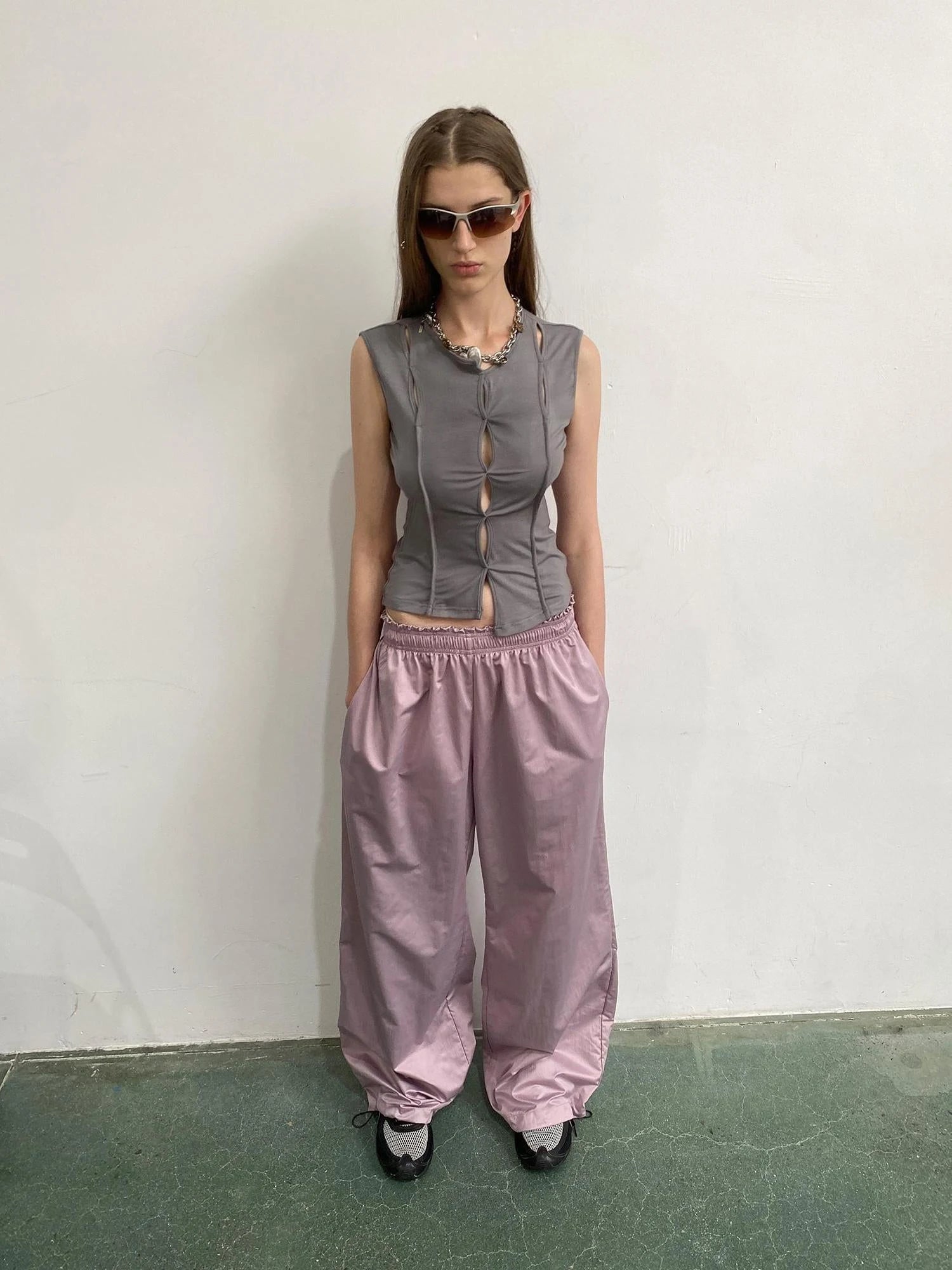 Asymmetric Hem Gray Scoop Neck Cutout Sleeveless Tee