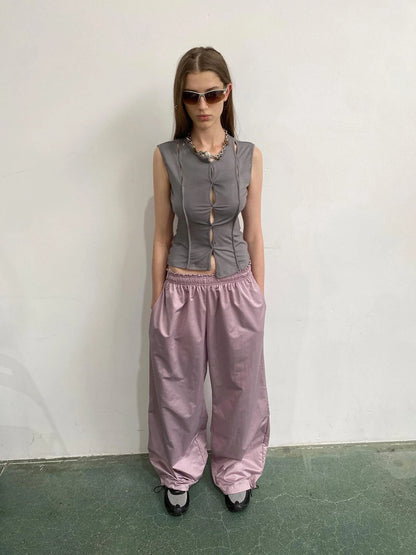 Asymmetric Hem Gray Scoop Neck Cutout Sleeveless Tee