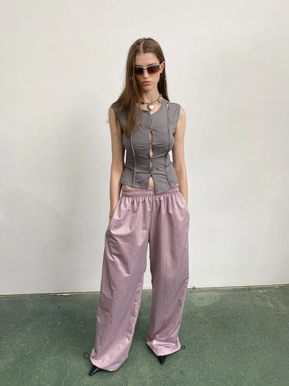 Asymmetric Hem Gray Scoop Neck Cutout Sleeveless Tee