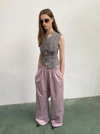 Asymmetric Hem Gray Scoop Neck Cutout Sleeveless Tee