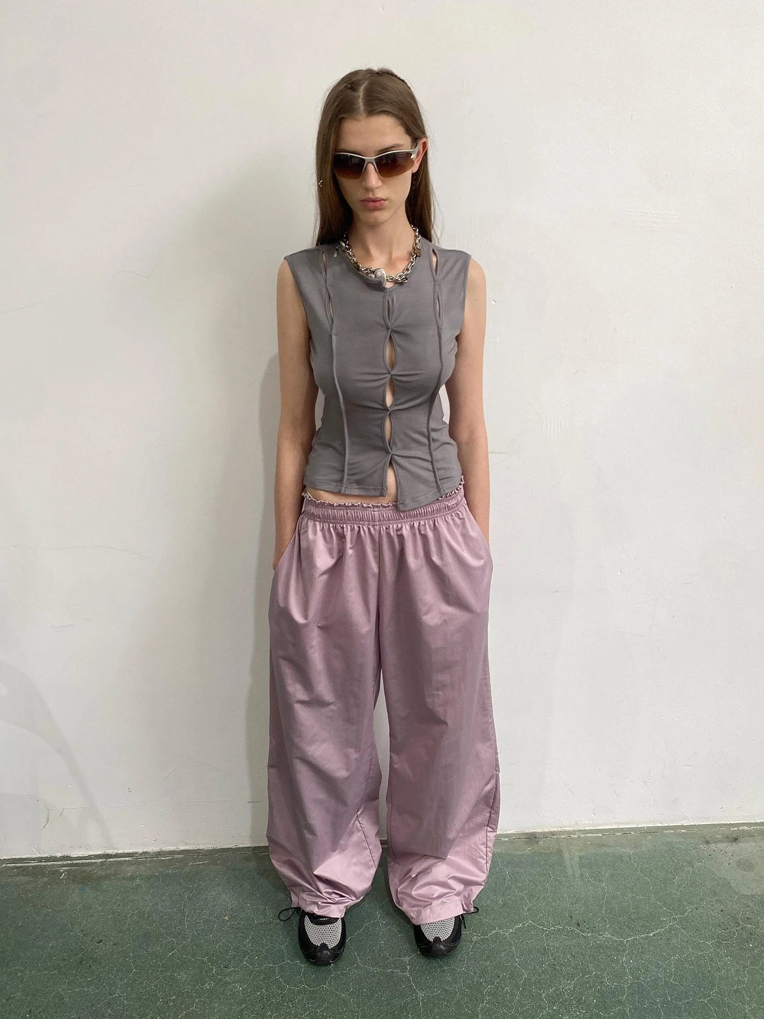 Asymmetric Hem Gray Scoop Neck Cutout Sleeveless Tee