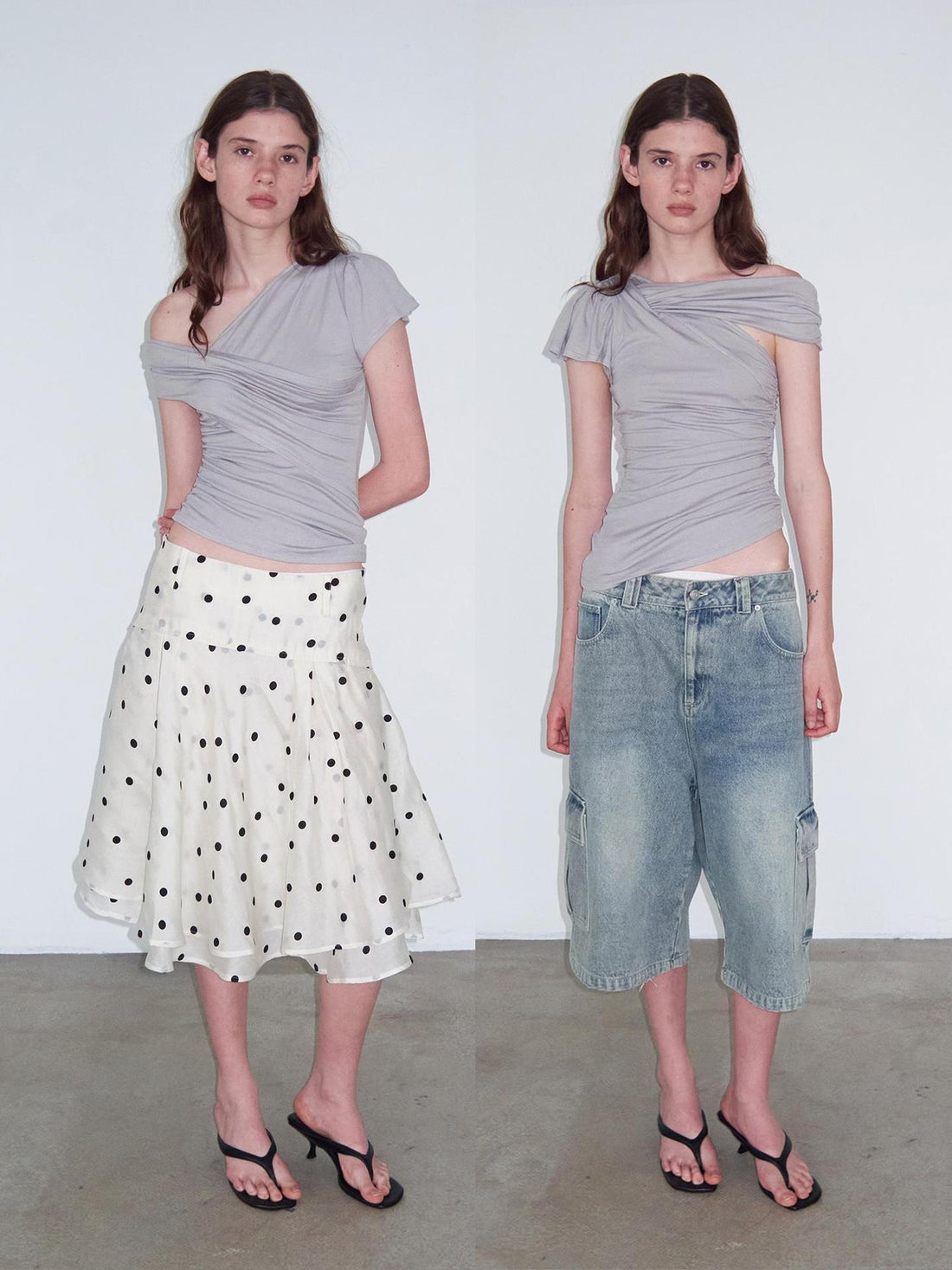Delivery Asymmetric Pleated Sleeveless T-Shirt Multi-Way Wear Light Gray