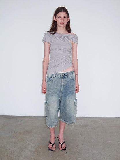 Delivery Asymmetric Pleated Sleeveless T-Shirt Multi-Way Wear Light Gray