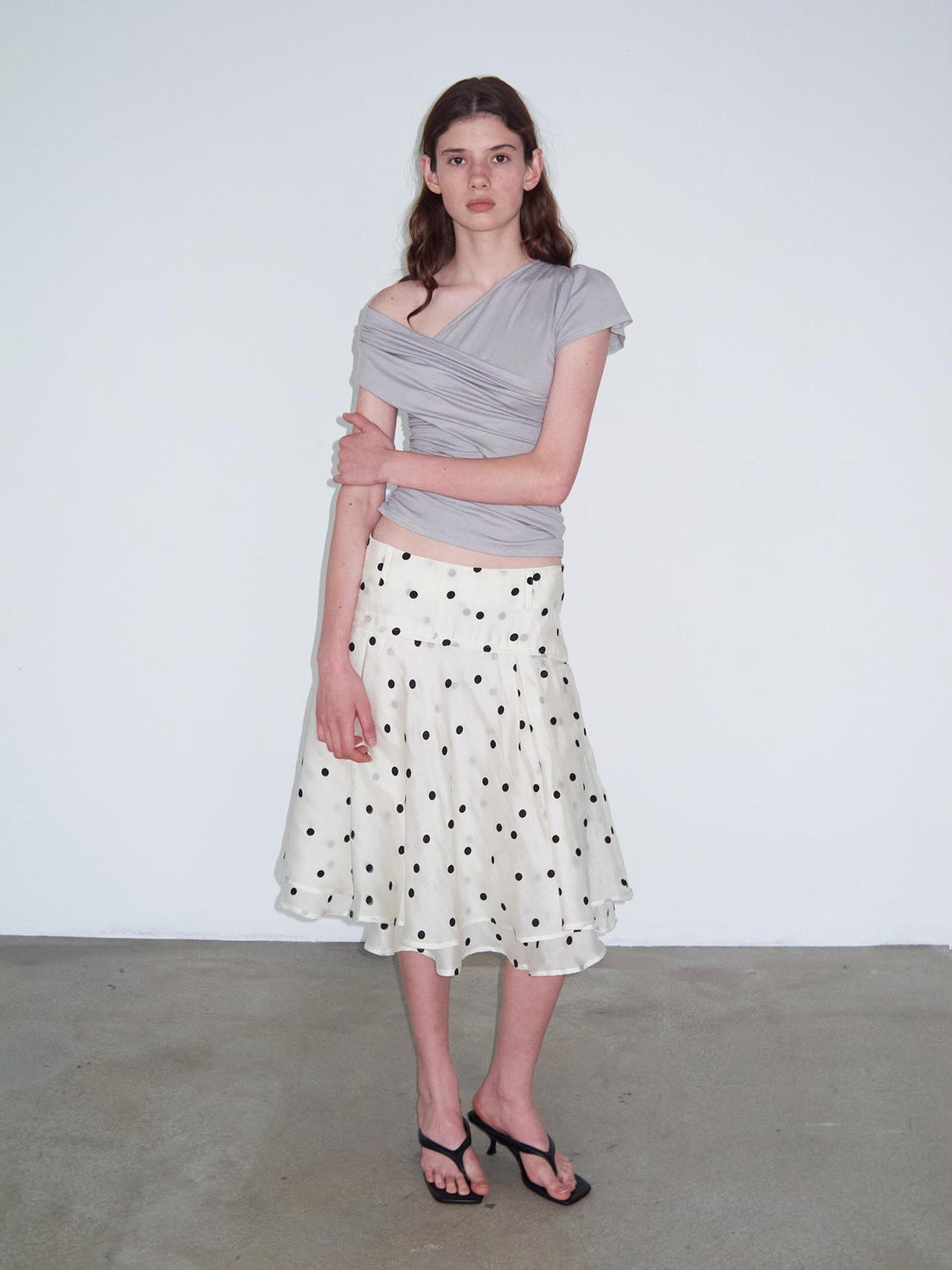 Delivery Asymmetric Pleated Sleeveless T-Shirt Multi-Way Wear Light Gray