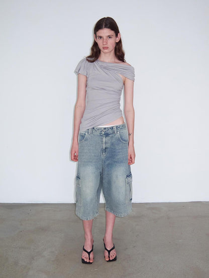 Delivery Asymmetric Pleated Sleeveless T-Shirt Multi-Way Wear Light Gray