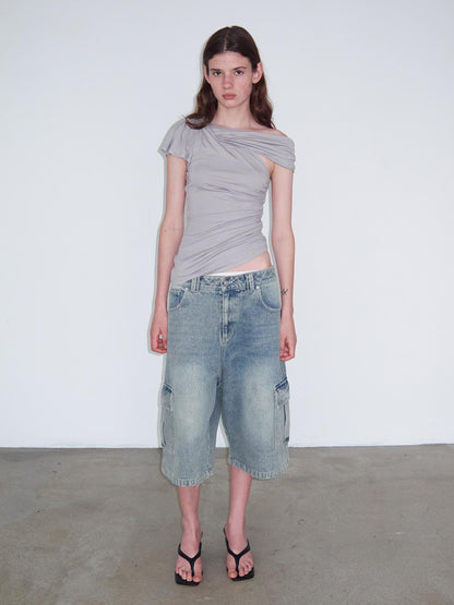 Delivery Asymmetric Pleated Sleeveless T-Shirt Multi-Way Wear Light Gray