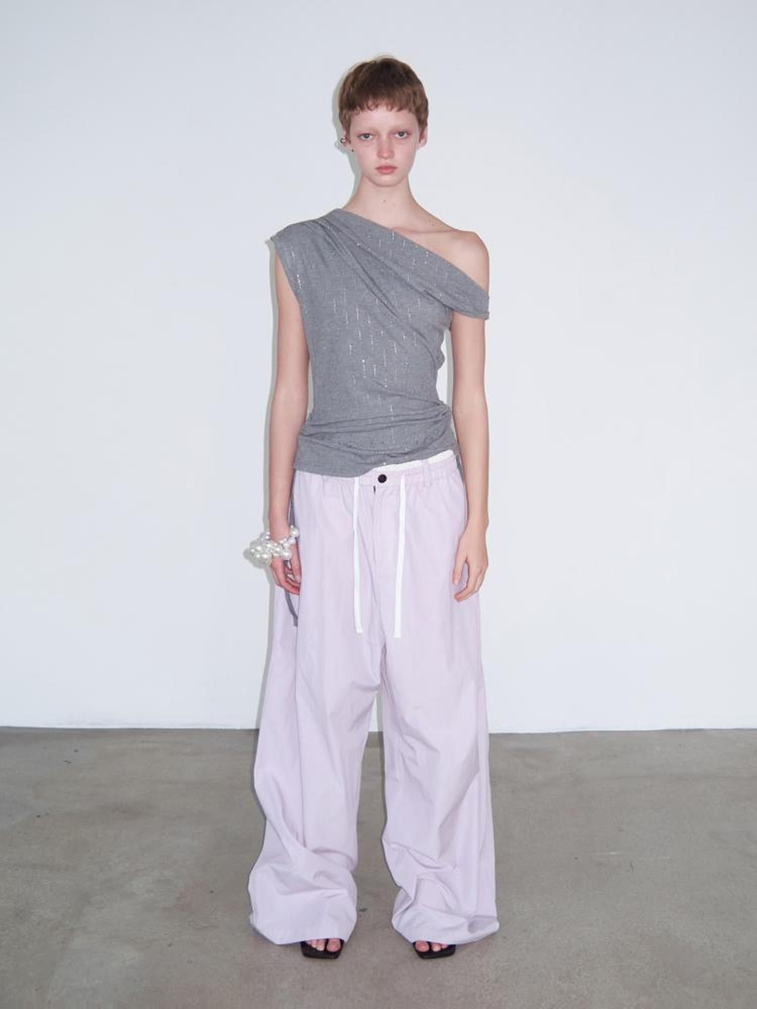 Delivery Asymmetric Shoulder Ruffle Top With Drawstring And Metallic Detail