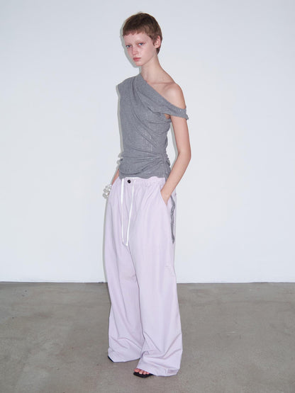 Delivery Asymmetric Shoulder Ruffle Top With Drawstring And Metallic Detail