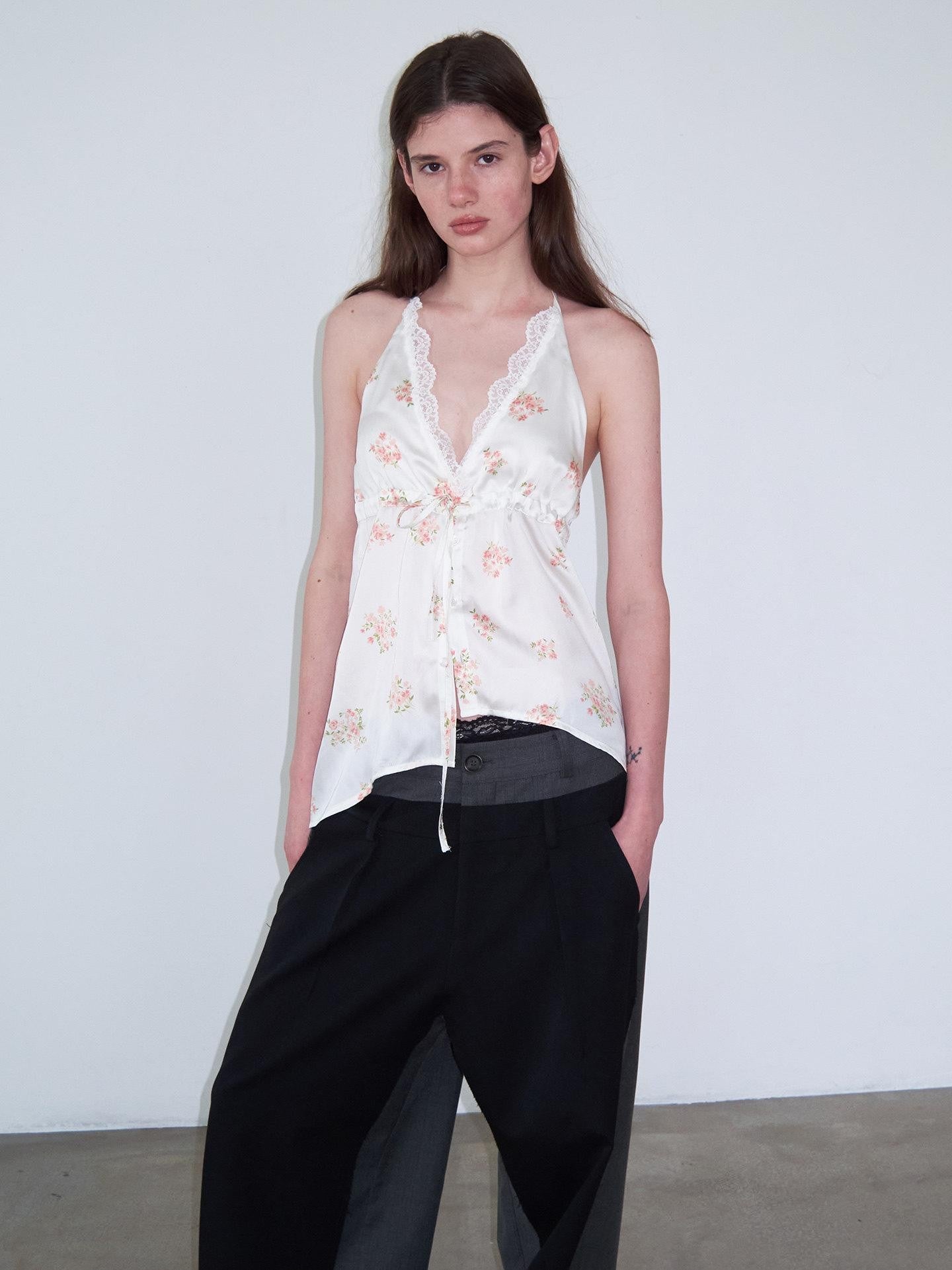Delivery Beige Floral Satin Lace V-neck Backless Cropped Women&