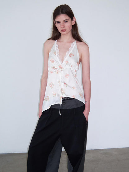 Delivery Beige Floral Satin Lace V-neck Backless Cropped Women&