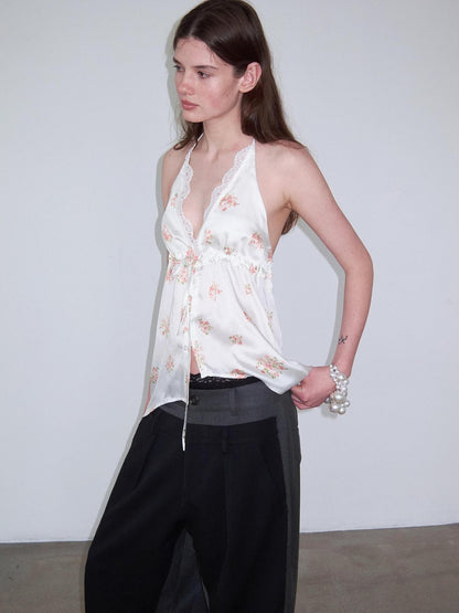 Delivery Beige Floral Satin Lace V-neck Backless Cropped Women&