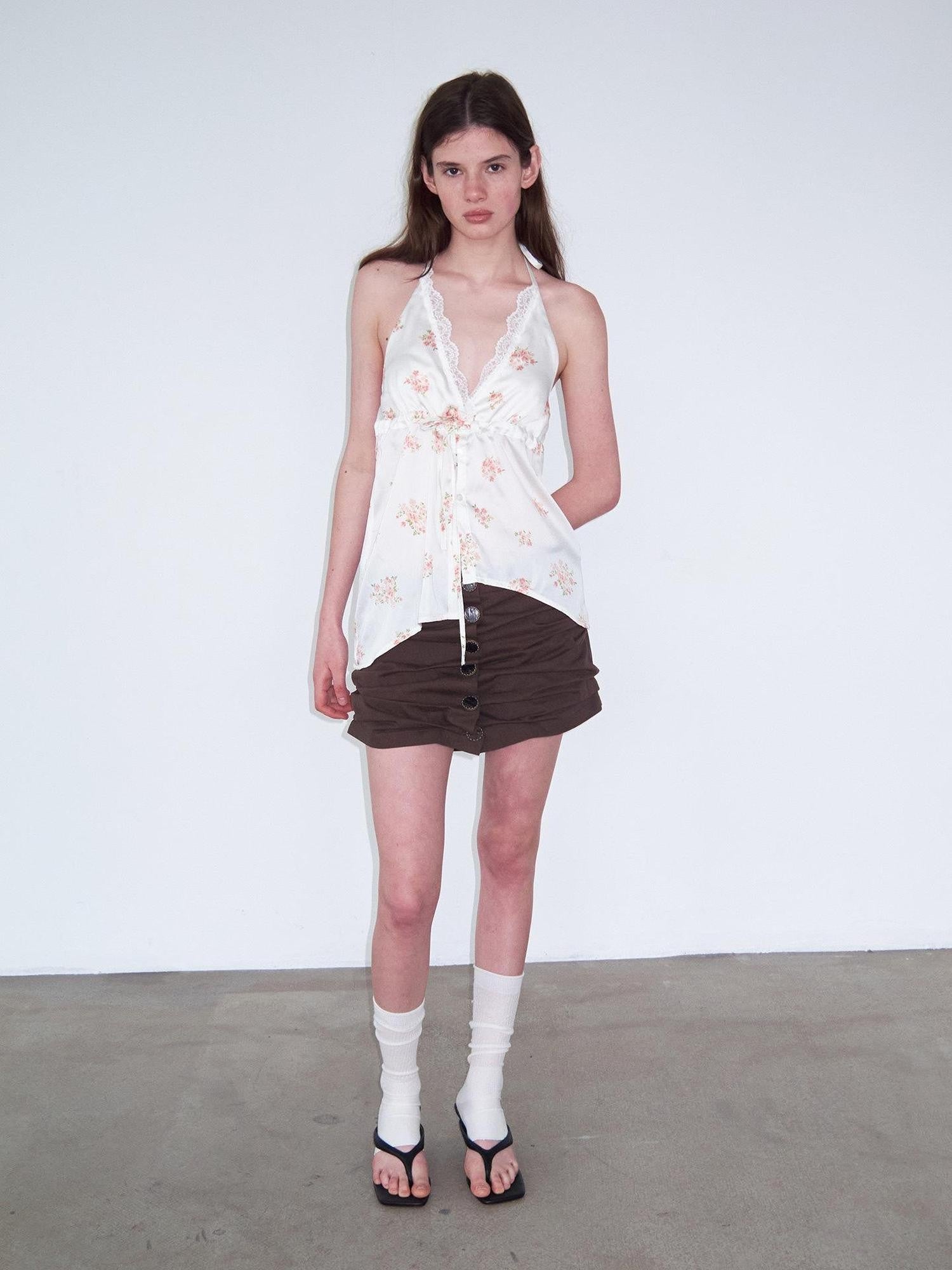 Delivery Beige Floral Satin Lace V-neck Backless Cropped Women&