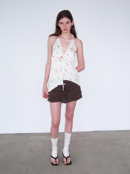 Delivery Beige Floral Satin Lace V-neck Backless Cropped Women&
