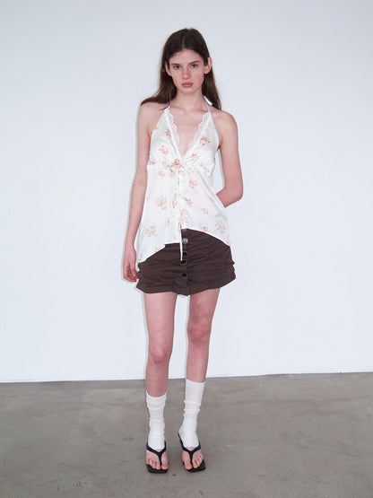 Delivery Beige Floral Satin Lace V-neck Backless Cropped Women&