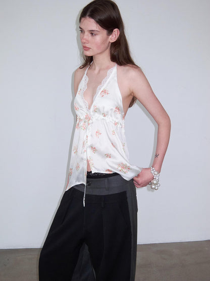 Delivery Beige Floral Satin Lace V-neck Backless Cropped Women&