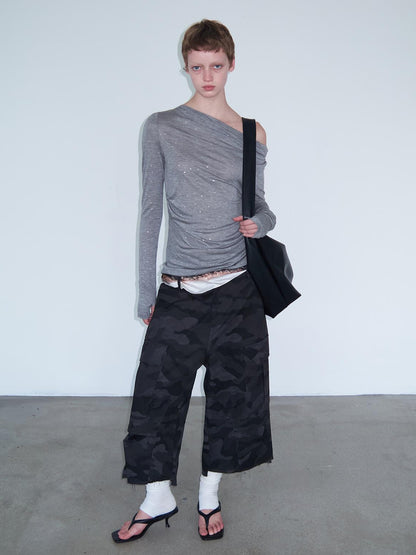 Delivery Black Camo Cargo Shorts With Raw Hem
