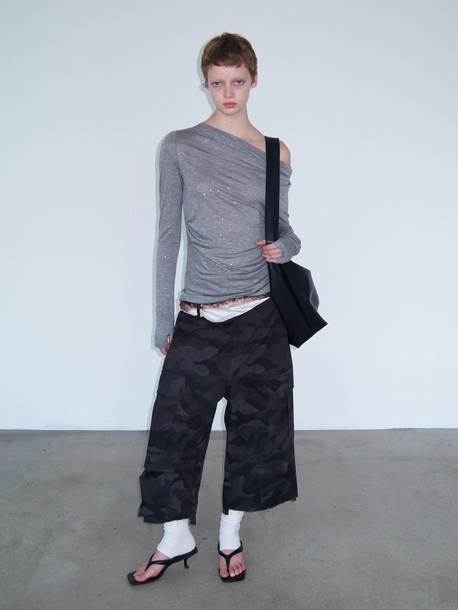 Delivery Black Camo Cargo Shorts With Raw Hem