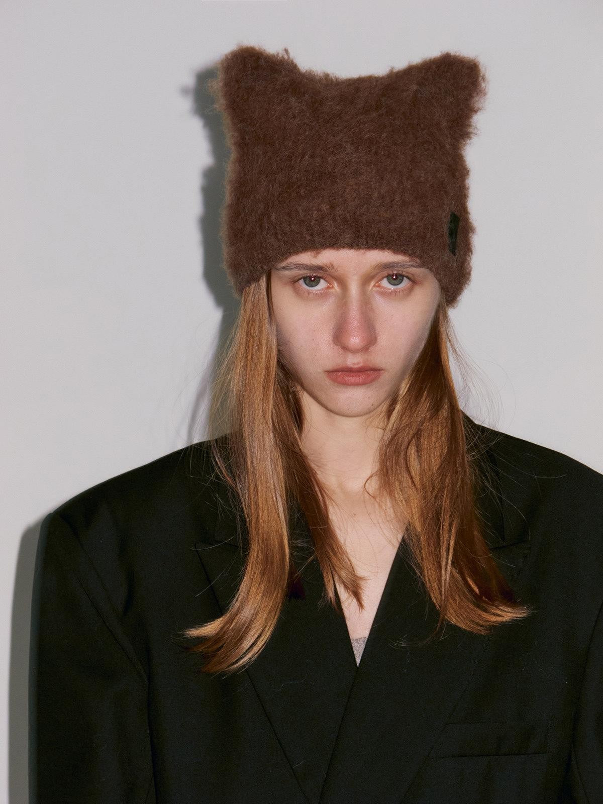 Delivery Black Mottled Brown Fuzzy Knitted Cat Ear Women&