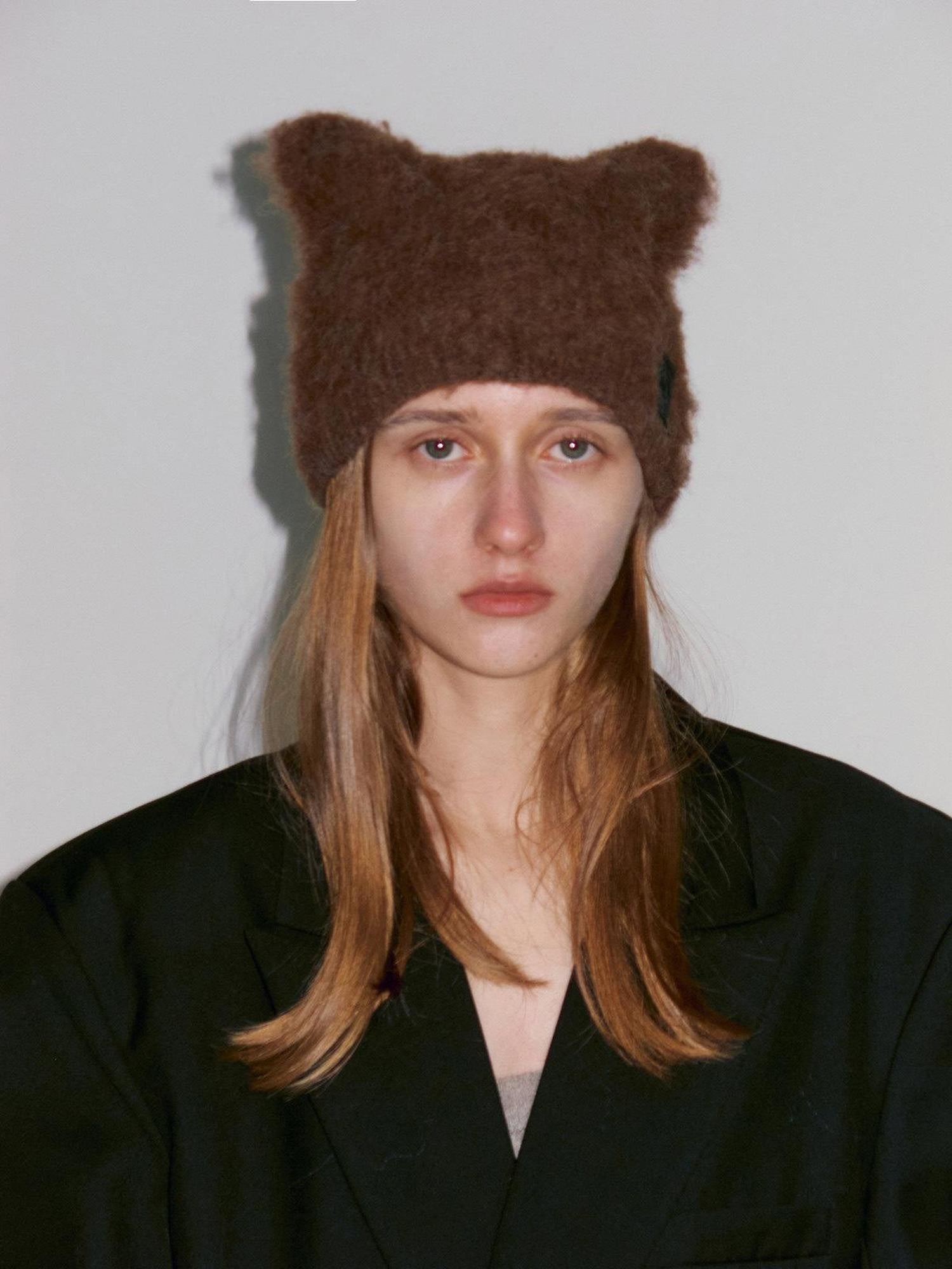 Delivery Black Mottled Brown Fuzzy Knitted Cat Ear Women&