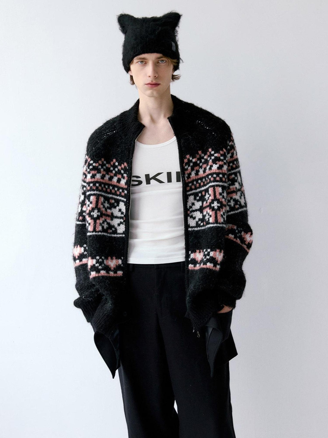 Delivery Black Pink Fair Isle Jacquard Vintage Loose Women&