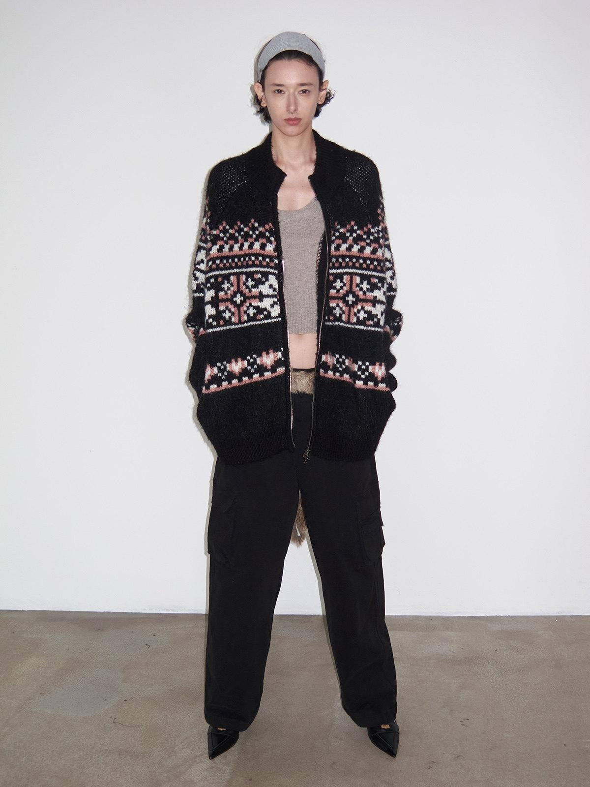 Delivery Black Pink Fair Isle Jacquard Vintage Loose Women&
