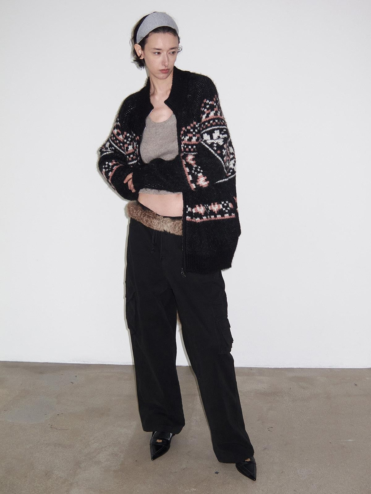 Delivery Black Pink Fair Isle Jacquard Vintage Loose Women&