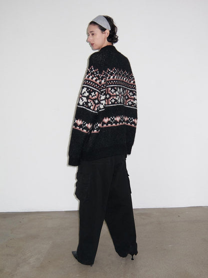 Delivery Black Pink Fair Isle Jacquard Vintage Loose Women&