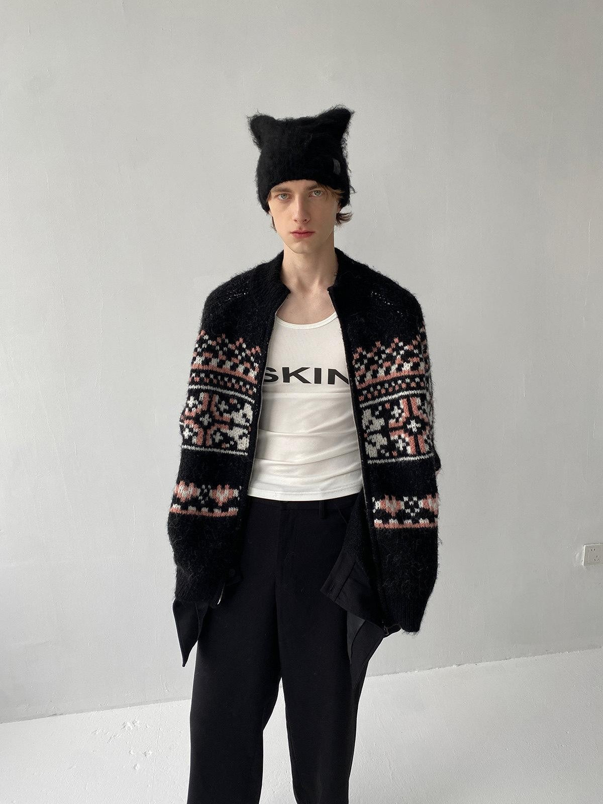 Delivery Black Pink Fair Isle Jacquard Vintage Loose Women&