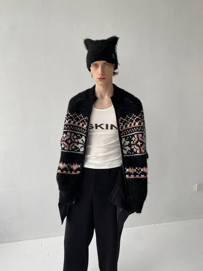 Delivery Black Pink Fair Isle Jacquard Vintage Loose Women&