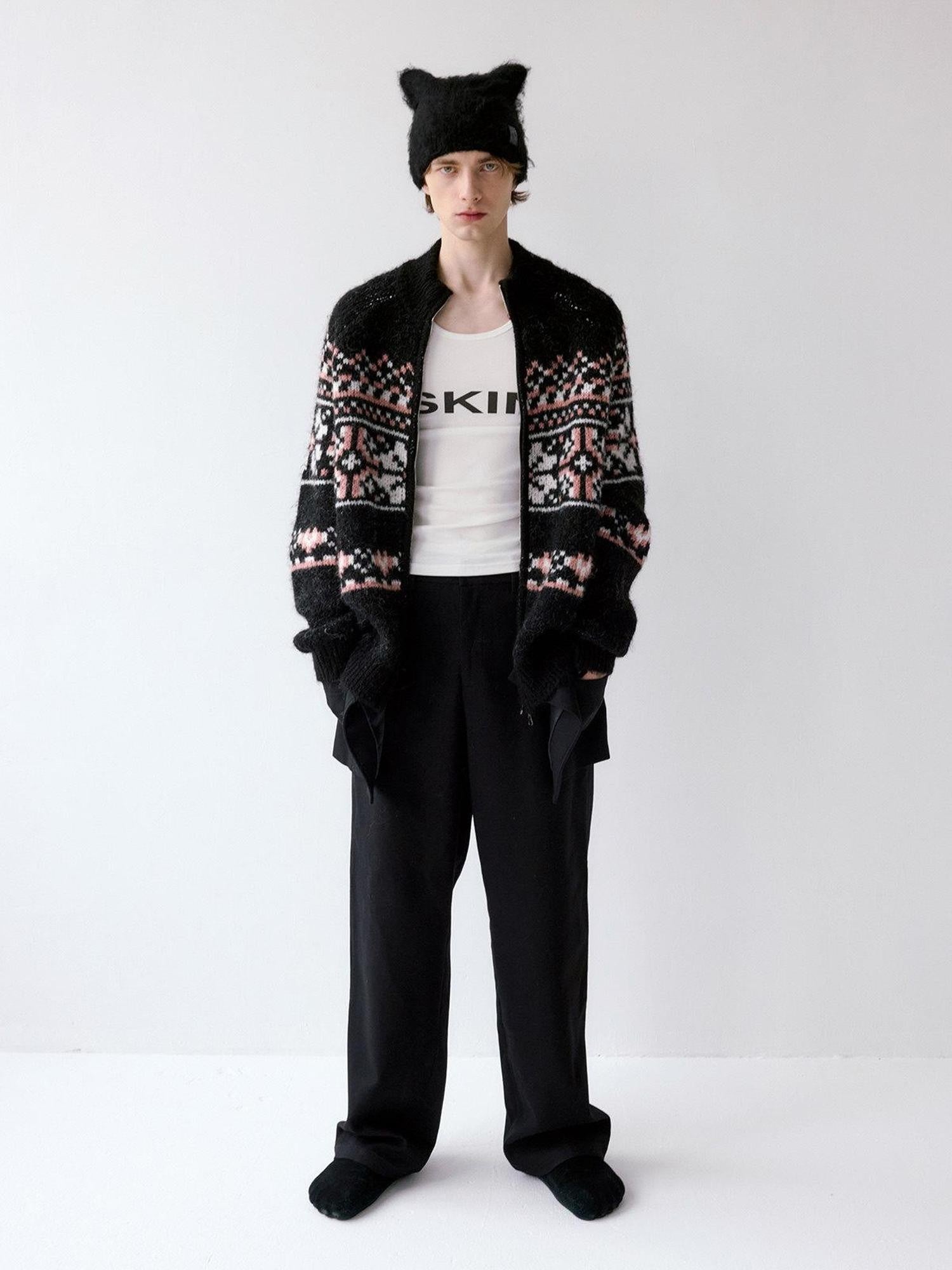 Delivery Black Pink Fair Isle Jacquard Vintage Loose Women&