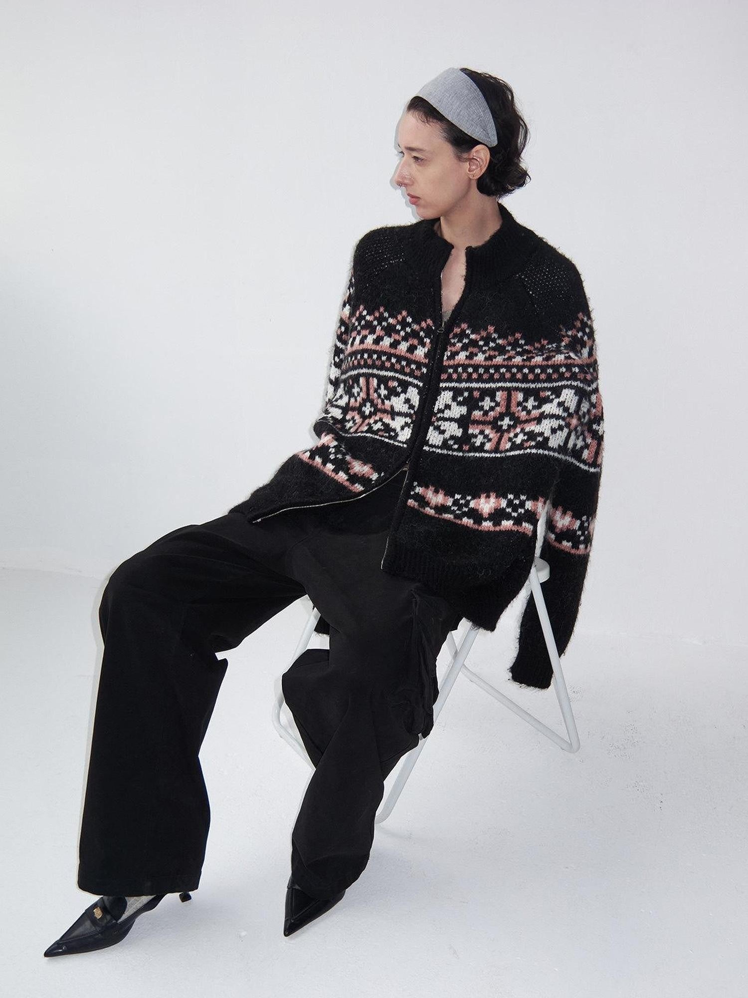 Delivery Black Pink Fair Isle Jacquard Vintage Loose Women&