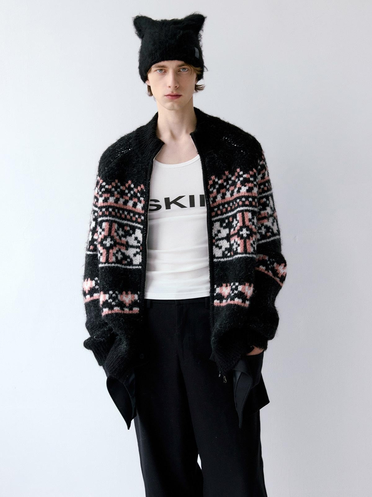 Delivery Black Pink Fair Isle Jacquard Vintage Loose Women&